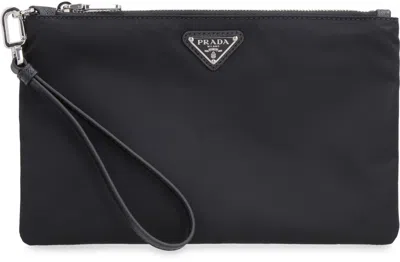 Prada Mera Pouch In Renylon And Saffiano Leather In Black