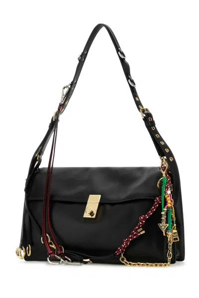 Prada Soft Sound Large Leather Shoulder Bag With Charms In Black