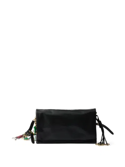 Prada Soft Sound Large Leather Shoulder Bag With Charms In Black
