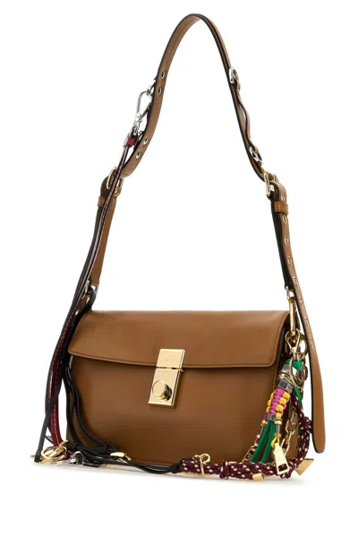 Prada Soft Sound Large Caramel Leather Bag With Charms In Brown