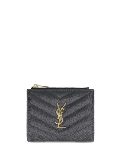 Saint Laurent Cassandre Quilted Textured-leather Wallet In Gray