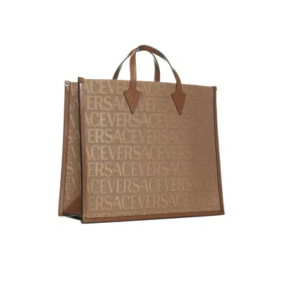 Versace Shopper Bag With Allover Logo In Neutral