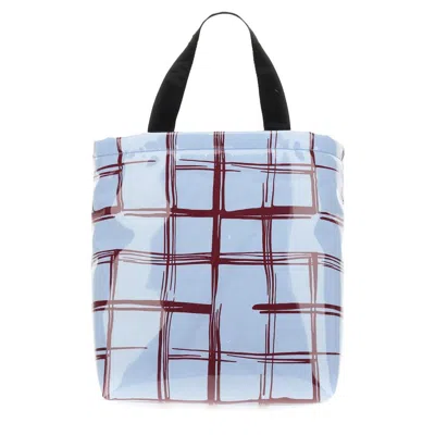 Marni Glossy Coated Canvas Tote Bag With Double Handles And Plaid Pattern In Multi