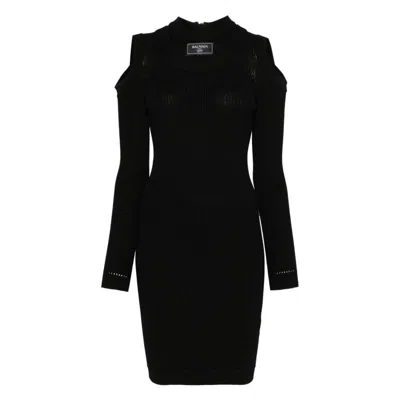 Balmain Siganture Logo Patch Knit Mini Dress In Black