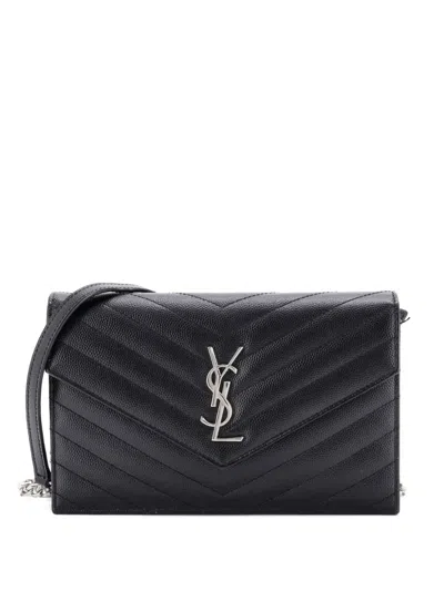 Pre-owned Saint Laurent Classic Monogram Wallet On Chain Matelasse Chevron Leather Small Crossbody Bag In Black