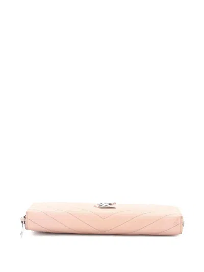 Pre-owned Saint Laurent Classic Monogram Zip Around Wallet Matelasse Chevron Leather Small Wallets In Neutral