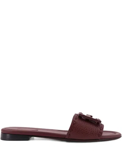 Fendi Women Low Leather Sandals With Embossed Ff Logo In Multi