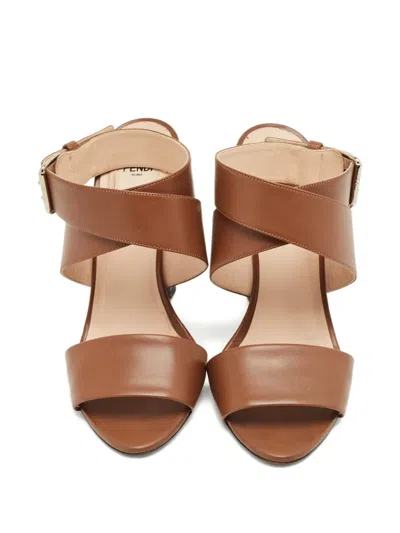 Pre-owned Fendi Leather Printed-heel Sandals In Brown