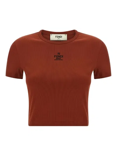 Fendi Women Brick Stretch Cotton T-shirt In Brown