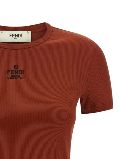 Fendi Women Brick Stretch Cotton T-shirt In Brown