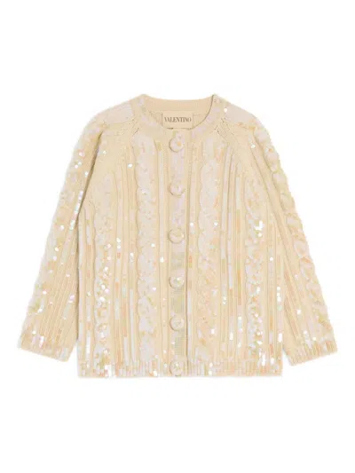 Valentino Sequin Embroidered Wool Cardigan In Neutral