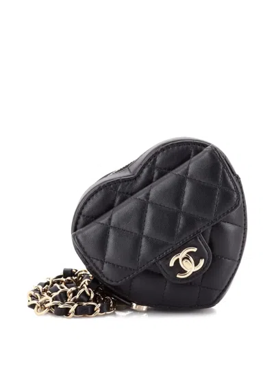 Pre-owned Chanel Cc In Love Heart Quilted Lambskin Belt Bag In Black