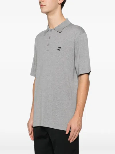 Balmain Embroidered Cotton Polo In Gray