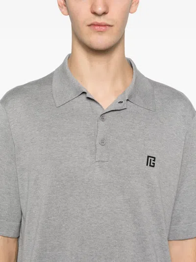 Balmain Embroidered Cotton Polo In Gray