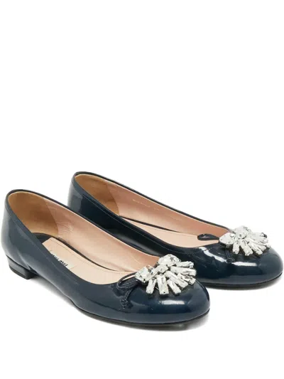 Pre-owned Miu Miu Patent-leather Embellishment Ballet Flat In Blue