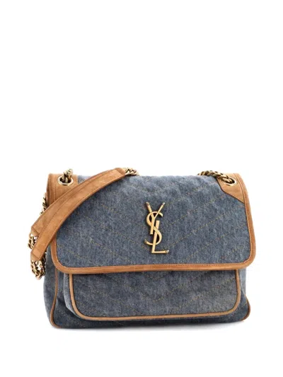 Pre-owned Saint Laurent Niki Chain Flap Bag Matelasse Chevron Denim With Suede Medium Shoulder Bag In Blue
