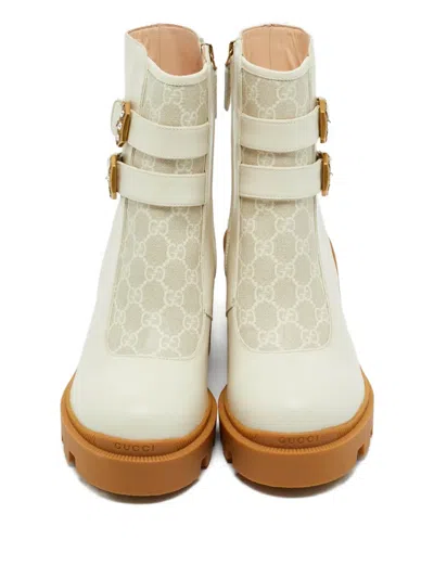 Pre-owned Gucci Canvas Leather Buckle Boots In Neutral