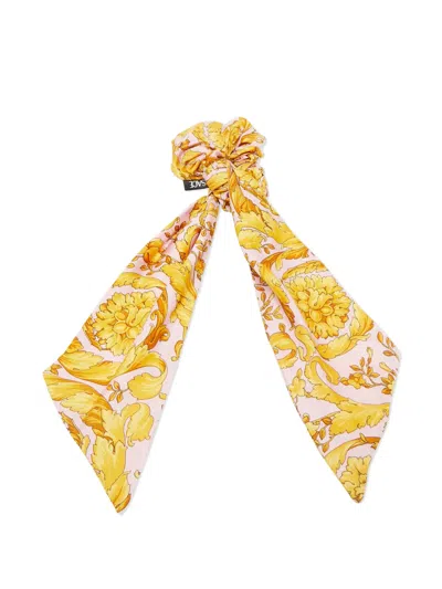 Pre-owned Versace Barocco-print Silk Scrunchie In Yellow