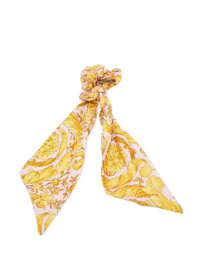 Pre-owned Versace Barocco-print Silk Scrunchie In Yellow