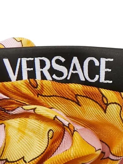 Pre-owned Versace Barocco-print Silk Scrunchie In Yellow