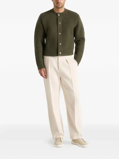 Manière De Voir Alix Crew-neck Ribbed Marble-button Cardigan In Green