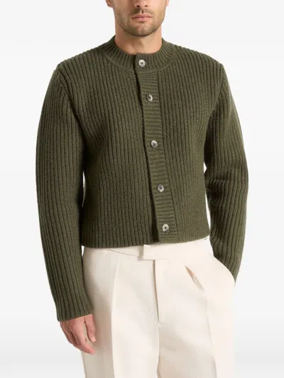 Manière De Voir Alix Crew-neck Ribbed Marble-button Cardigan In Green