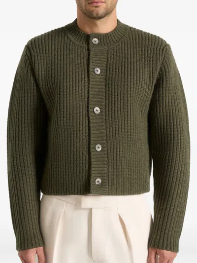 Manière De Voir Alix Crew-neck Ribbed Marble-button Cardigan In Green