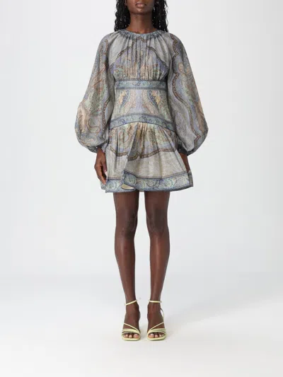 Zimmermann Wanderlust Multicolor Crewneck Mini Dress With Puffed Long Sleeves And All-over Print In Cotton And  In Multi