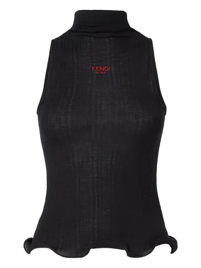 Fendi High Neck Fitted Sleeveless Top With Ruffles Clothing In Black