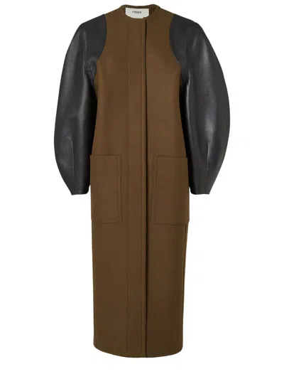 Fendi Wool And Leather Coat In Green