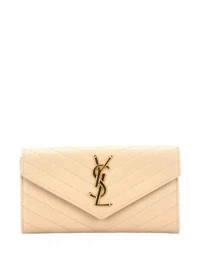 Pre-owned Saint Laurent Classic Monogram Flap Wallet Matelasse Chevron Leather Large Small Wallets In Neutral