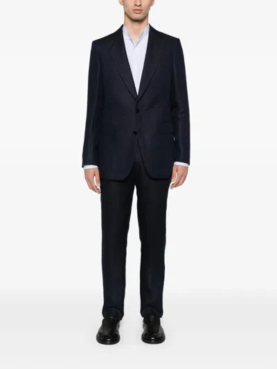 Fursac Striped Collarless Shirt In Blue