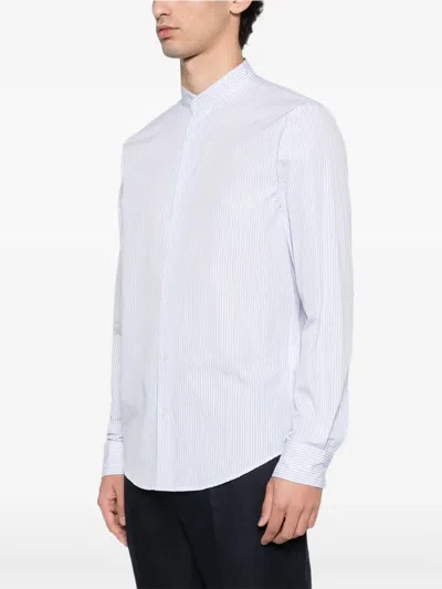 Fursac Striped Collarless Shirt In Blue