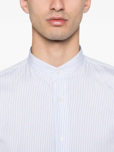 Fursac Striped Collarless Shirt In Blue