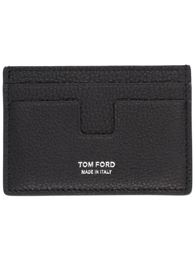 Tom Ford Black Card Holder With Embossed Lgoo Lettering On The Front And Money Clip In Grained Leather Man In Black