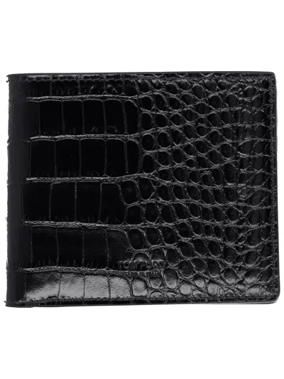 Tom Ford Crocodile Effect Bi Fold Leather Wallet In Black