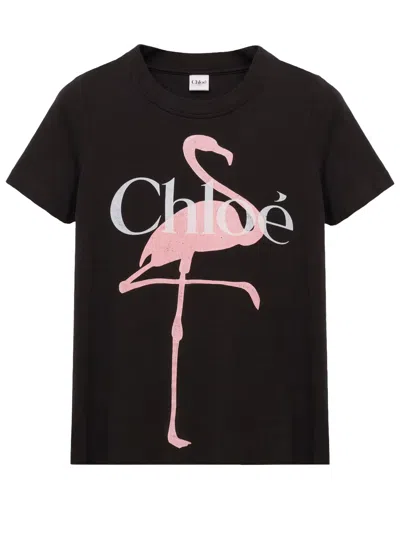Chloé Women Black Crewneck T-shirt With Maxi Logo Print On The Front In Cotton Woman