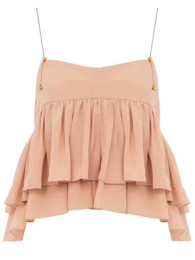 Chloé Tiered Ruffle Organic Silk Georgette Babydoll Top In Brown