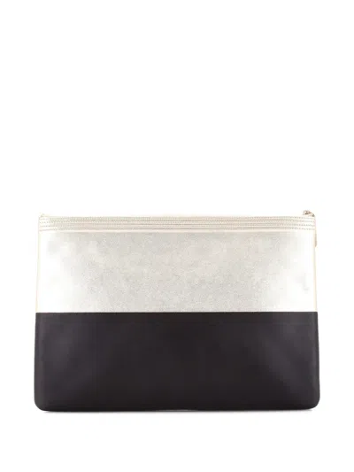 Pre-owned Chanel Bicolor Boy O Case Metallic Goatskin And Calfskin Large Clutch Bag In Black
