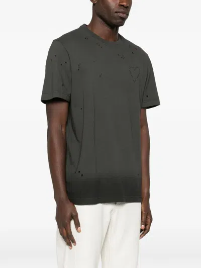 Golden Goose Vintage-effect Anthracite T-shirt With Perforated Heart Men In Black