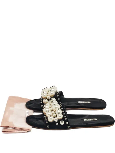 Pre-owned Miu Miu Pearl-embellished Velvet Sandals In Black