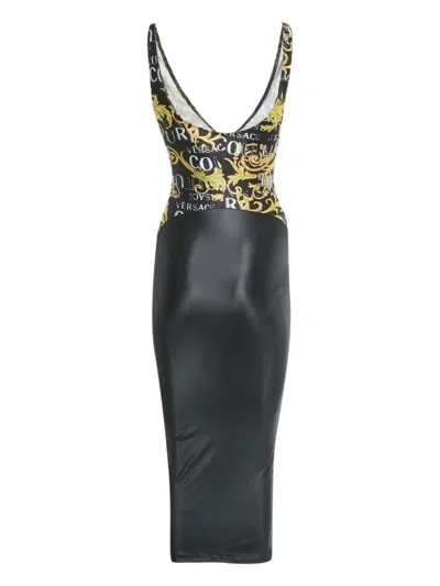 Pre-owned Versace Cut-out Graphic-print Midi Dress In Black