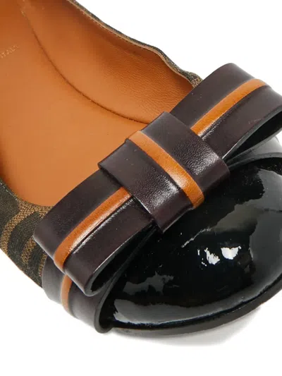 Pre-owned Fendi Logo Bow Ballet Flats In Brown