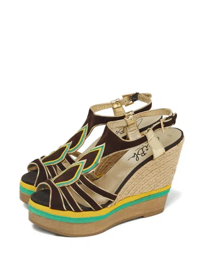 Pre-owned Loriblu Suede Cut-out Wedge Sandals In Brown