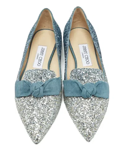 Pre-owned Jimmy Choo Gabie Glitter Bow-detail Ballet Flats In Silver