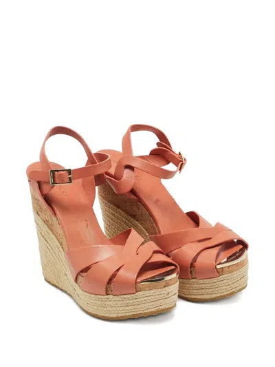 Pre-owned Jimmy Choo Leather Platform Wedge Espadrilles In Brown