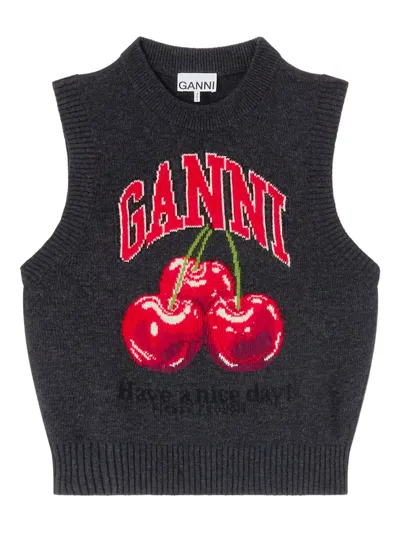 Ganni Sleeveless Intarsia Knit Crew Neck Top In Black