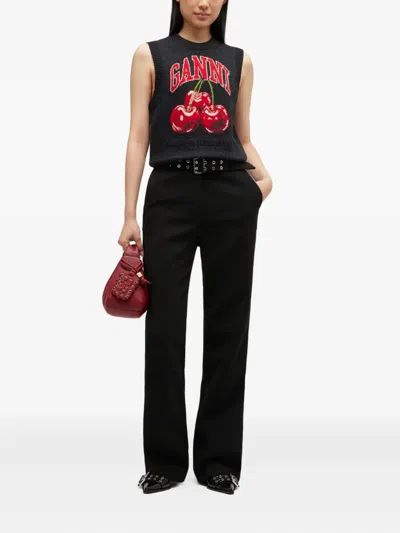 Ganni Sleeveless Intarsia Knit Crew Neck Top In Black