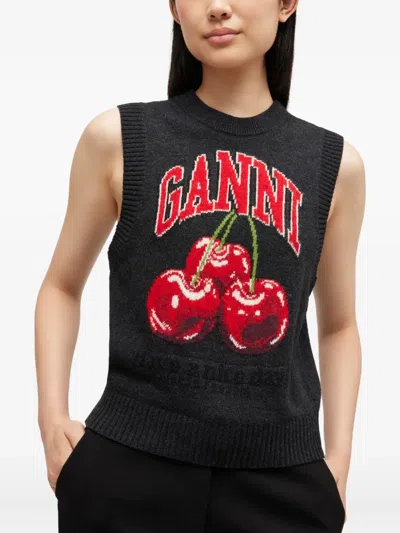 Ganni Sleeveless Intarsia Knit Crew Neck Top In Black