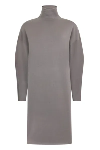 Malo Elegant Long Gray Dress With High Collar In Multi